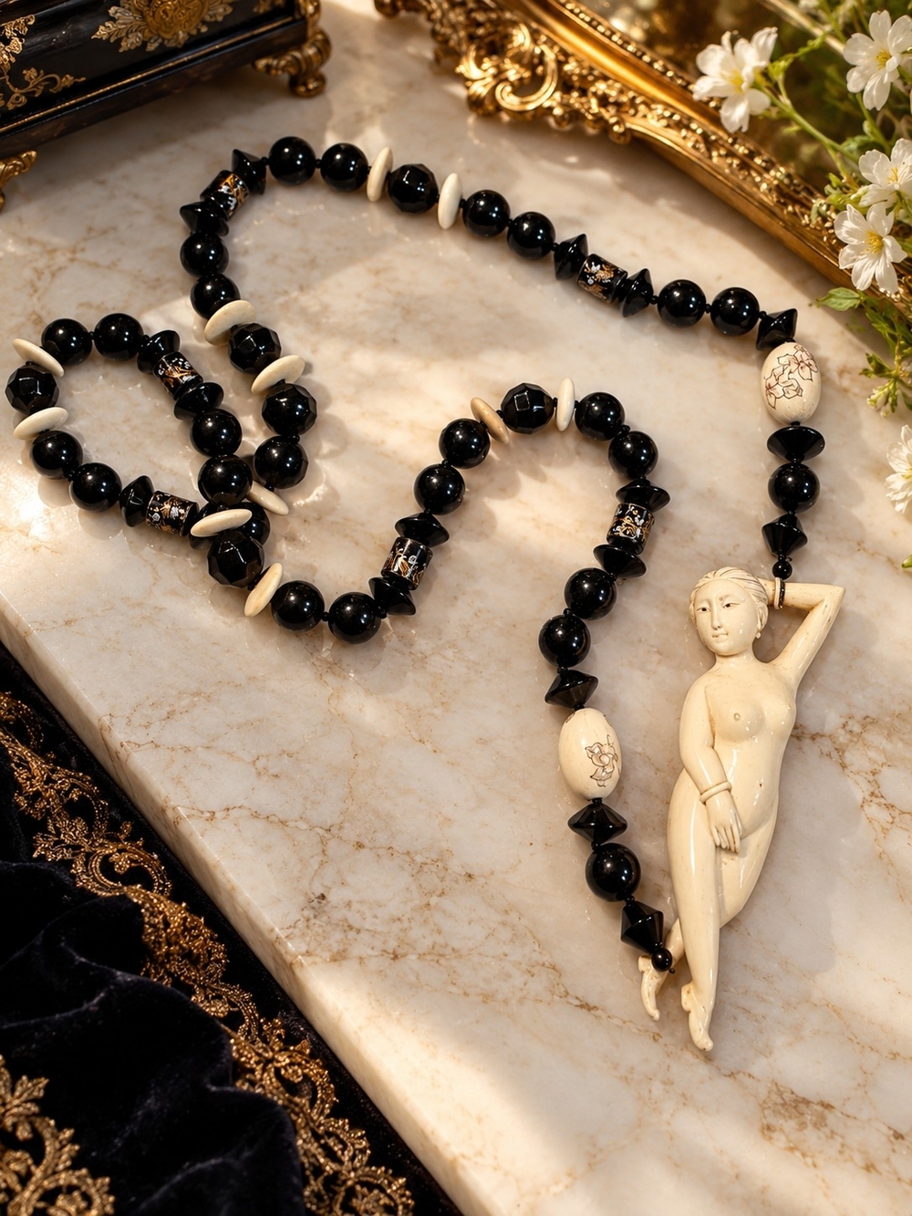 Vintage Carved Hardstone Beaded Statement Necklace Female Figure 30" 148g